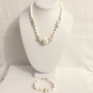 White Beaded Necklace & Bracelet Set